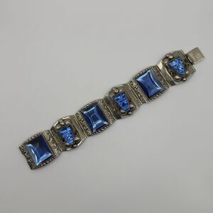 Julio P Rayes 925 Sterling Silver Blue Glass Panel Bracelet Taxco Mexico 61.6g